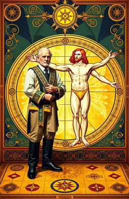A scene depicting a symbolic union between a Freemason and Leonardo da Vinci's Vitruvian Man, showcasing the Freemason in traditional Masonic attire, standing confidently beside the iconic figure of the Vitruvian Man, who is positioned in a dynamic pose surrounded by geometric shapes and symbols representing knowledge and enlightenment