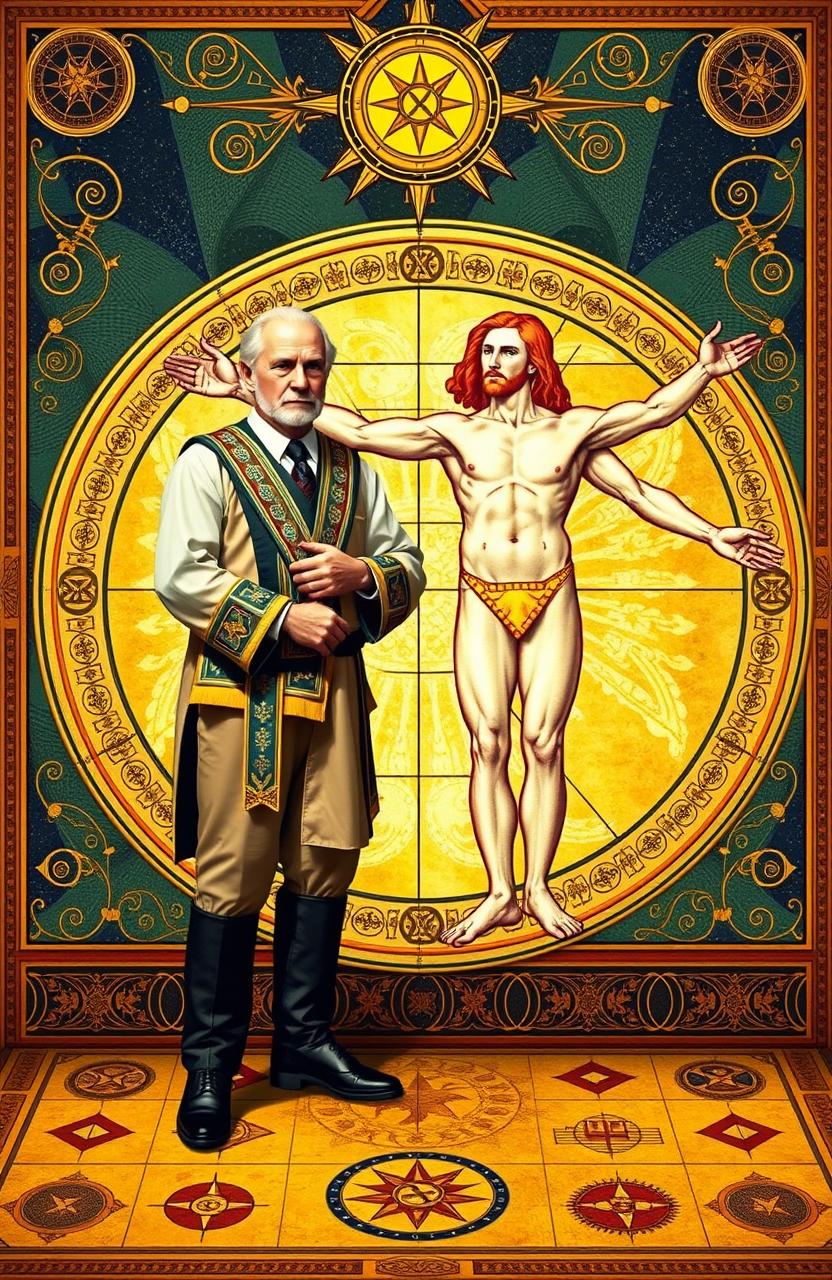 A scene depicting a symbolic union between a Freemason and Leonardo da Vinci's Vitruvian Man, showcasing the Freemason in traditional Masonic attire, standing confidently beside the iconic figure of the Vitruvian Man, who is positioned in a dynamic pose surrounded by geometric shapes and symbols representing knowledge and enlightenment
