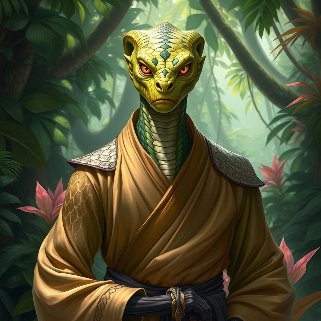 A captivating Yuan-ti pureblood character from Dungeons and Dragons, mostly humanoid in appearance but featuring distinct attributes of its serpentine heritage