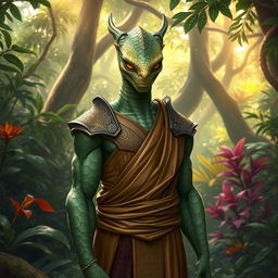 A captivating Yuan-ti pureblood character from Dungeons and Dragons, mostly humanoid in appearance but featuring distinct attributes of its serpentine heritage