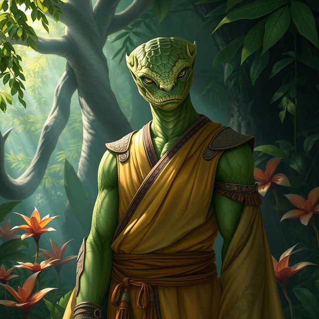 A captivating Yuan-ti pureblood character from Dungeons and Dragons, mostly humanoid in appearance but featuring distinct attributes of its serpentine heritage