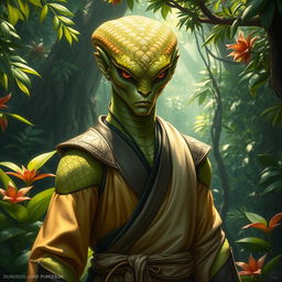 A captivating Yuan-ti pureblood character from Dungeons and Dragons, mostly humanoid in appearance but featuring distinct attributes of its serpentine heritage