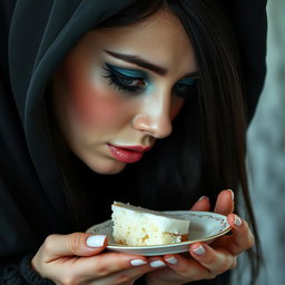 A photographic image of a beautiful, stunning young woman with a soft, fat figure, long black hair, and mesmerizing crystal blue eyes