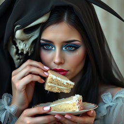 A photographic image of a beautiful, stunning young woman with a soft, fat figure, long black hair, and mesmerizing crystal blue eyes