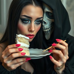 A photographic image of a beautiful, stunning young woman with a soft, fat figure, long black hair, and mesmerizing crystal blue eyes