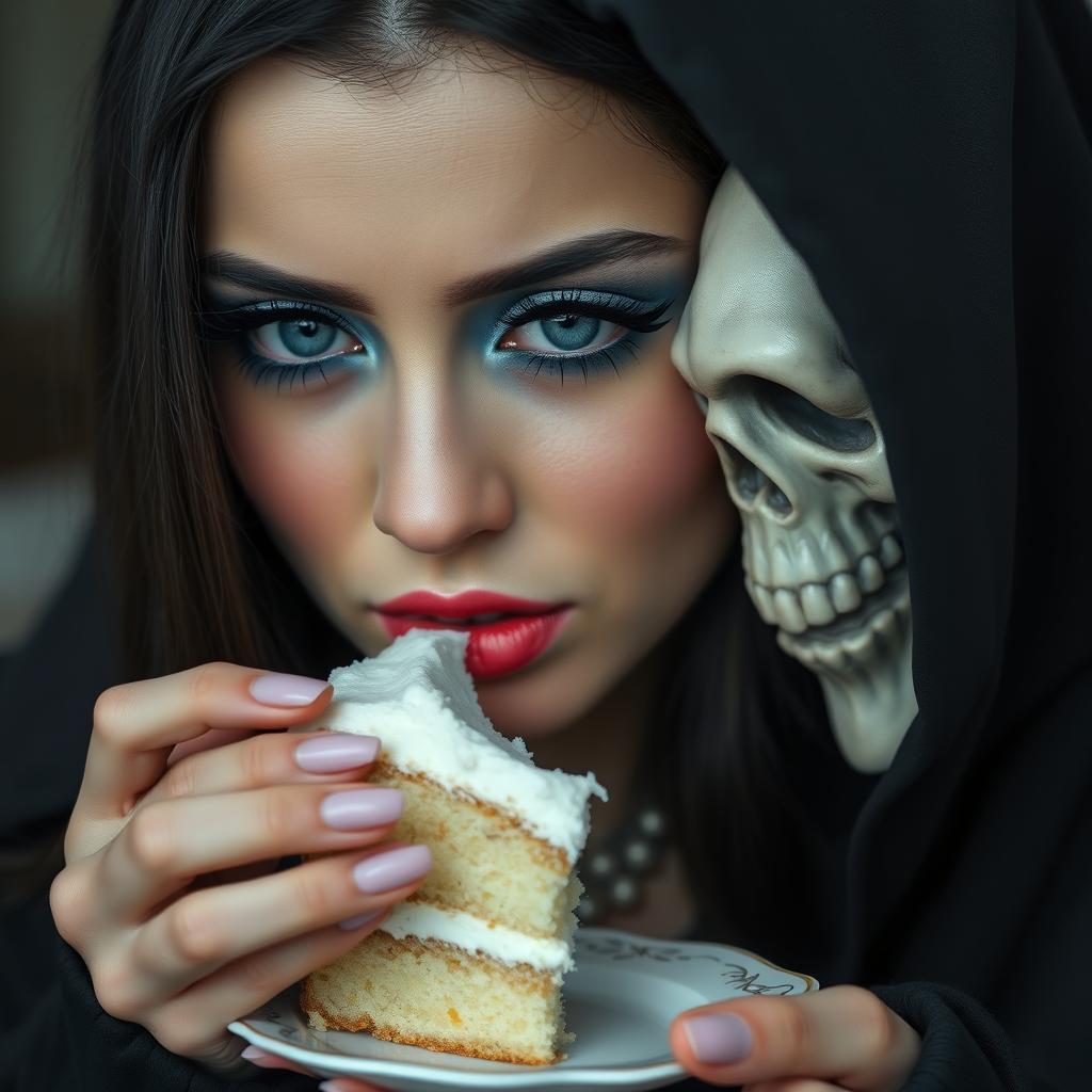 A photographic image of a beautiful, stunning young woman with a soft, fat figure, long black hair, and mesmerizing crystal blue eyes