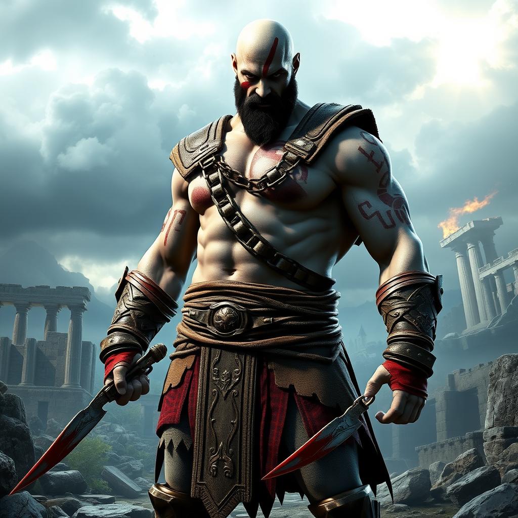 A fierce and muscular warrior, Kratos, the legendary character known as the Ghost of Sparta, stands in an imposing stance