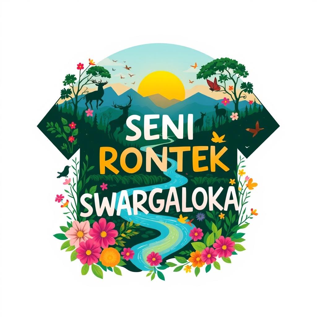A vibrant T-shirt design featuring the theme 'SENI RONTEK SWARGALOKA' that captures the beauty of nature
