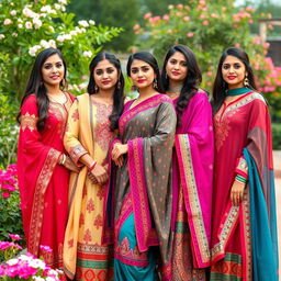 A portrait of women wearing traditional Pakistani attire like the pakqin, showcasing vibrant colors and intricate patterns