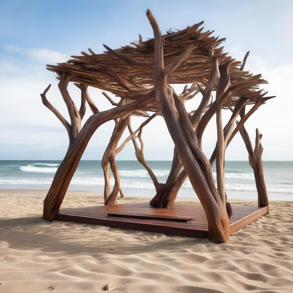 A captivating architectural structure crafted from a captivating mix of driftwood and durable Corten metal, majestically standing on an idyllic beach against the backdrop of the roaring ocean.