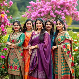 A portrait of women wearing traditional Pakistani attire like the pakqin, showcasing vibrant colors and intricate patterns