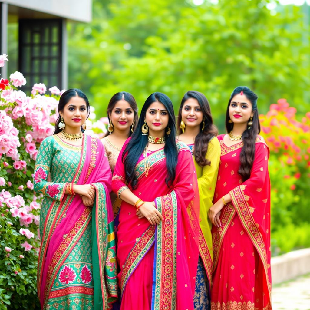 A portrait of women wearing traditional Pakistani attire like the pakqin, showcasing vibrant colors and intricate patterns