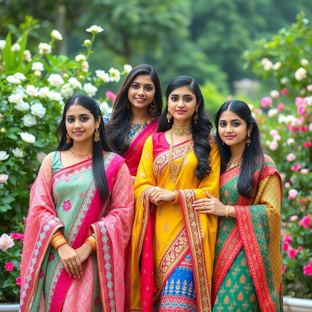 A portrait of women wearing traditional Pakistani attire like the pakqin, showcasing vibrant colors and intricate patterns