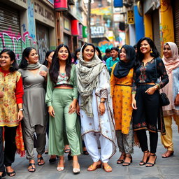 A vibrant street scene featuring a diverse group of women confidently wearing fashionable clothing and traditional Pakistani attire, showcasing a mix of modern and cultural styles