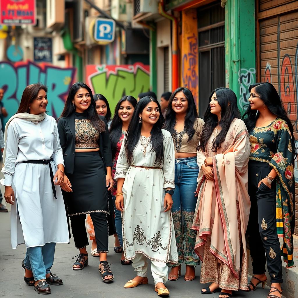 A vibrant street scene featuring a diverse group of women confidently wearing fashionable clothing and traditional Pakistani attire, showcasing a mix of modern and cultural styles
