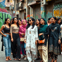 A vibrant street scene featuring a diverse group of women confidently wearing fashionable clothing and traditional Pakistani attire, showcasing a mix of modern and cultural styles