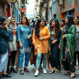 A vibrant street scene featuring a diverse group of women confidently wearing fashionable clothing and traditional Pakistani attire, showcasing a mix of modern and cultural styles