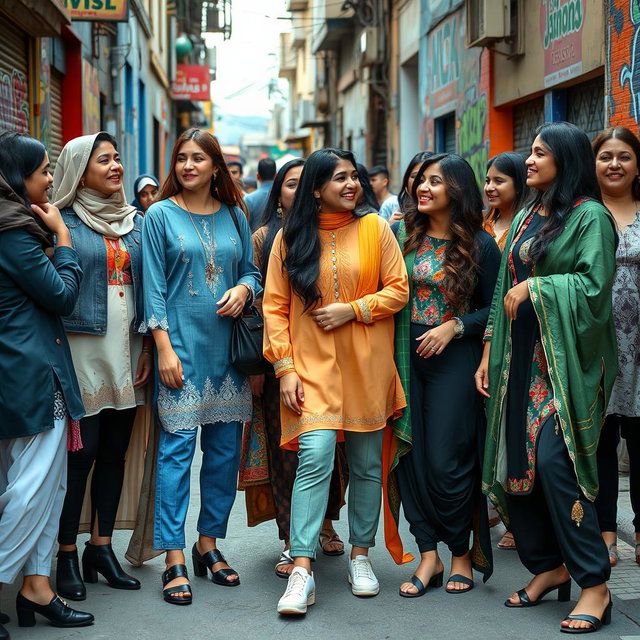 A vibrant street scene featuring a diverse group of women confidently wearing fashionable clothing and traditional Pakistani attire, showcasing a mix of modern and cultural styles