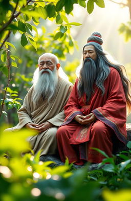 An artistic representation featuring two wise figures named Guru Bodong and Guru Gondrong, set in a serene nature backdrop that conveys motivation and self-improvement