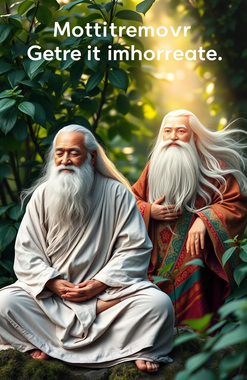 An artistic representation featuring two wise figures named Guru Bodong and Guru Gondrong, set in a serene nature backdrop that conveys motivation and self-improvement