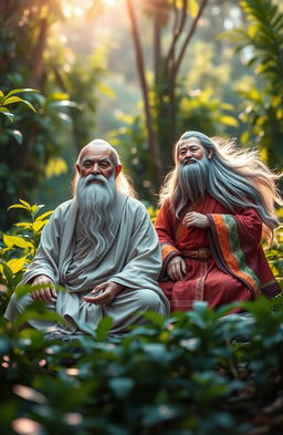 An artistic representation featuring two wise figures named Guru Bodong and Guru Gondrong, set in a serene nature backdrop that conveys motivation and self-improvement