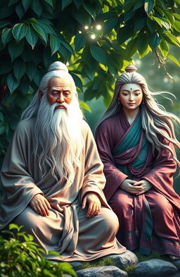 An artistic representation featuring two wise figures named Guru Bodong and Guru Gondrong, set in a serene nature backdrop that conveys motivation and self-improvement