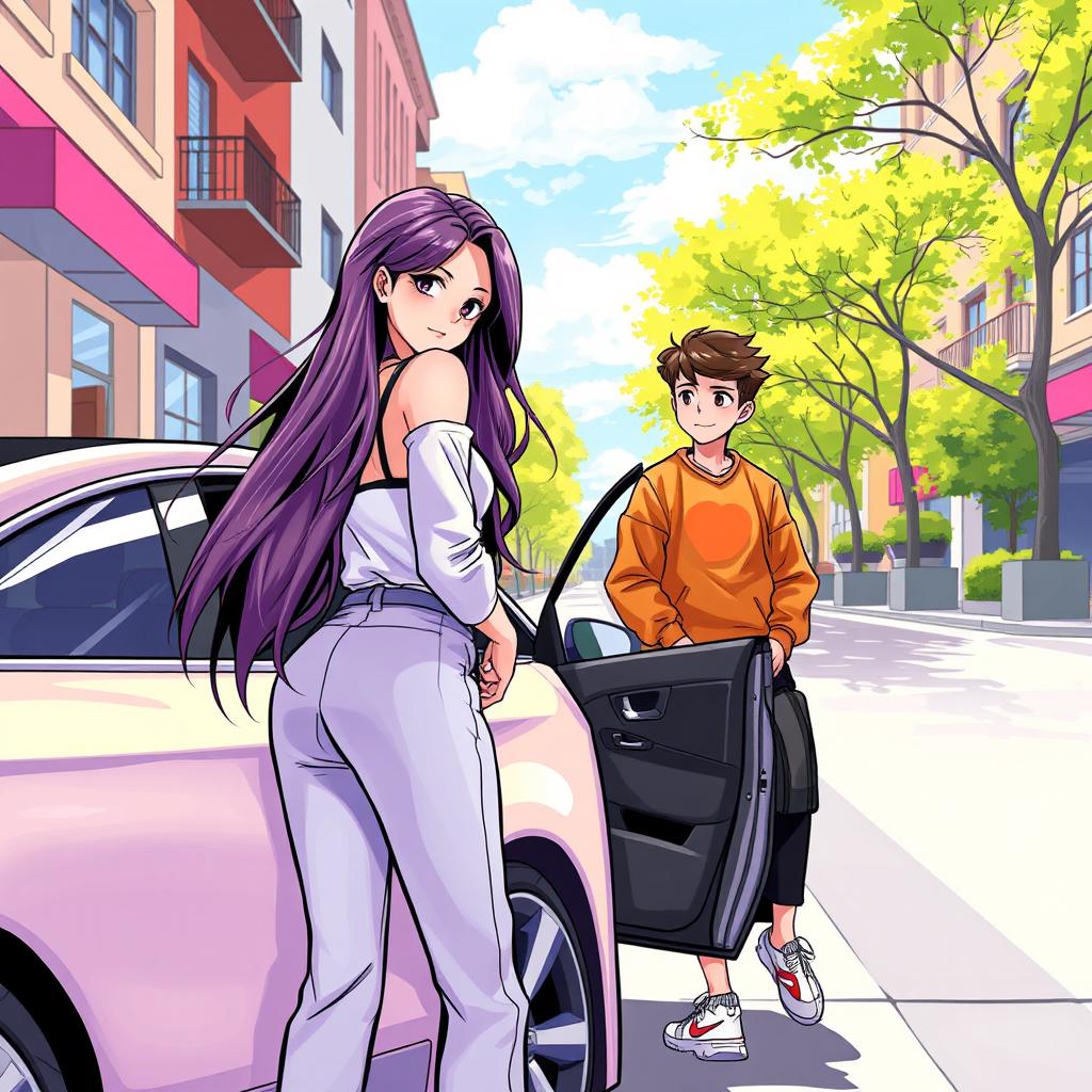 A contemporary scene depicting a girl about to get into a car, glancing back over her shoulder at a boy who is looking at her