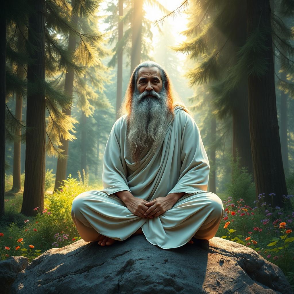 A captivating portrayal of a wise Guru sitting cross-legged on a rock, exuding calmness and serenity