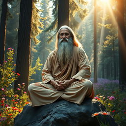 A captivating portrayal of a wise Guru sitting cross-legged on a rock, exuding calmness and serenity