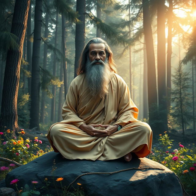 A captivating portrayal of a wise Guru sitting cross-legged on a rock, exuding calmness and serenity