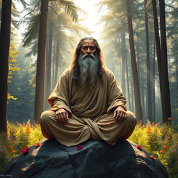 A captivating portrayal of a wise Guru sitting cross-legged on a rock, exuding calmness and serenity