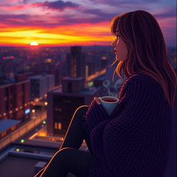 A vibrant, emotional scene depicting a person sitting on a rooftop at sunset, surrounded by colorful city lights, reflecting feelings of nostalgia and hope