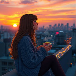 A vibrant, emotional scene depicting a person sitting on a rooftop at sunset, surrounded by colorful city lights, reflecting feelings of nostalgia and hope