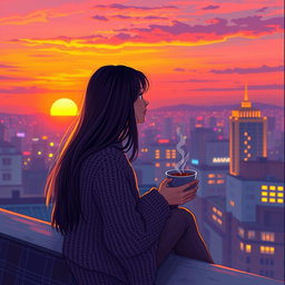 A vibrant, emotional scene depicting a person sitting on a rooftop at sunset, surrounded by colorful city lights, reflecting feelings of nostalgia and hope