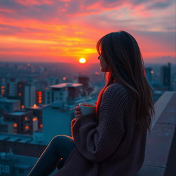 A vibrant, emotional scene depicting a person sitting on a rooftop at sunset, surrounded by colorful city lights, reflecting feelings of nostalgia and hope