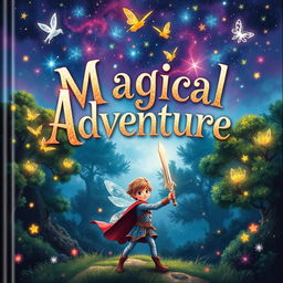 A captivating book cover for a magical adventure, featuring a mystical forest with glowing, enchanted trees and sparkling fairies fluttering around