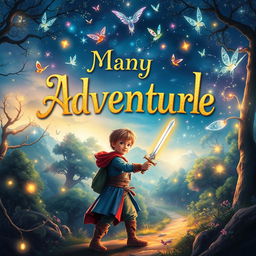 A captivating book cover for a magical adventure, featuring a mystical forest with glowing, enchanted trees and sparkling fairies fluttering around