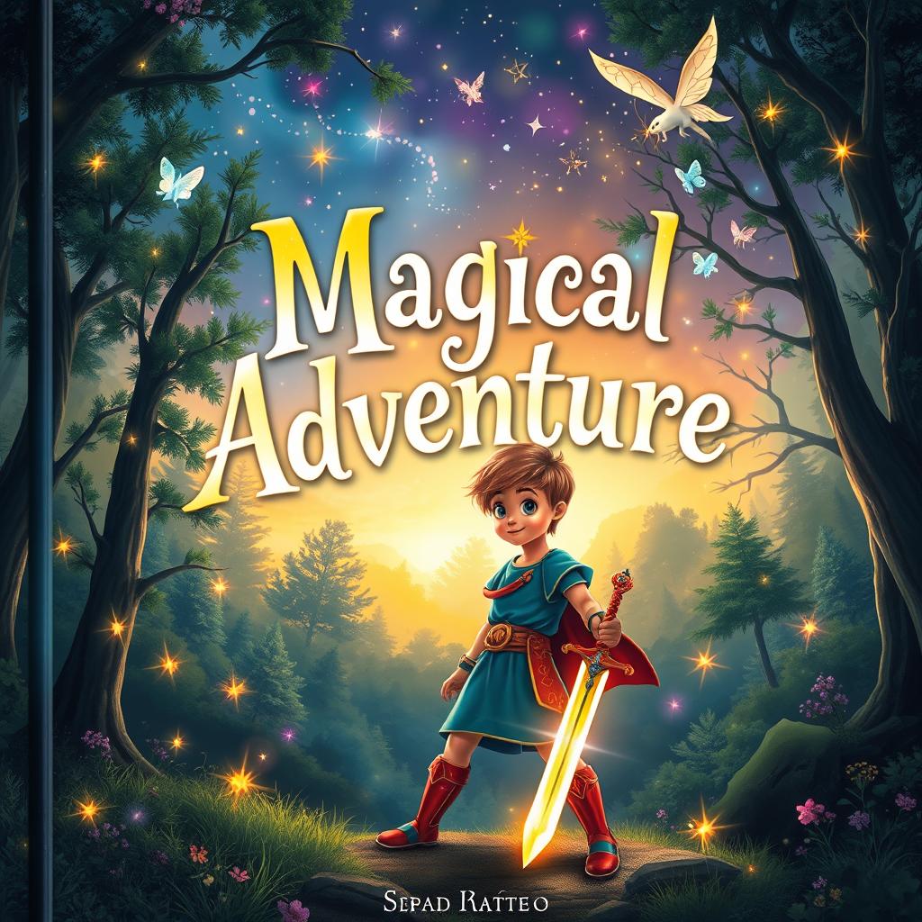 A captivating book cover for a magical adventure, featuring a mystical forest with glowing, enchanted trees and sparkling fairies fluttering around