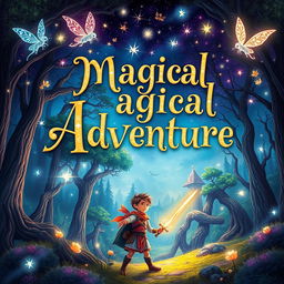 A captivating book cover for a magical adventure, featuring a mystical forest with glowing, enchanted trees and sparkling fairies fluttering around