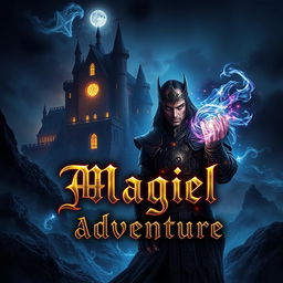 A mesmerizing book cover for a magical adventure, featuring a dark and enchanting landscape shrouded in shadows