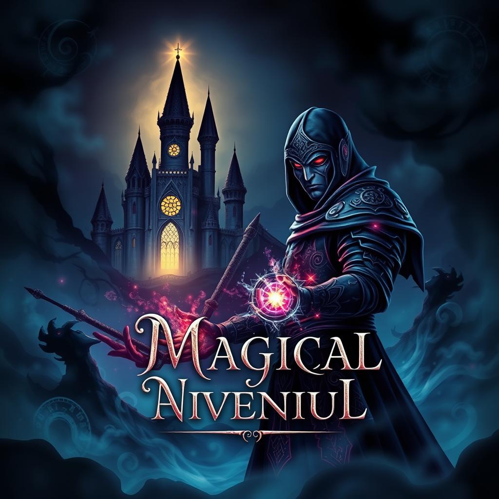 A mesmerizing book cover for a magical adventure, featuring a dark and enchanting landscape shrouded in shadows