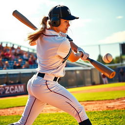 A dynamic scene showcasing a female baseball player in action, dressed in a stylish baseball uniform with a cap, mid-swing as she connects with a baseball