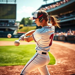 A dynamic scene showcasing a female baseball player in action, dressed in a stylish baseball uniform with a cap, mid-swing as she connects with a baseball