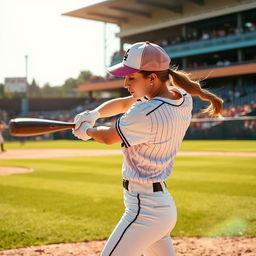 A dynamic scene showcasing a female baseball player in action, dressed in a stylish baseball uniform with a cap, mid-swing as she connects with a baseball