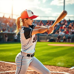 A dynamic scene showcasing a female baseball player in action, dressed in a stylish baseball uniform with a cap, mid-swing as she connects with a baseball