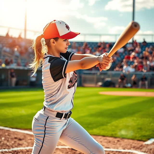 A dynamic scene showcasing a female baseball player in action, dressed in a stylish baseball uniform with a cap, mid-swing as she connects with a baseball