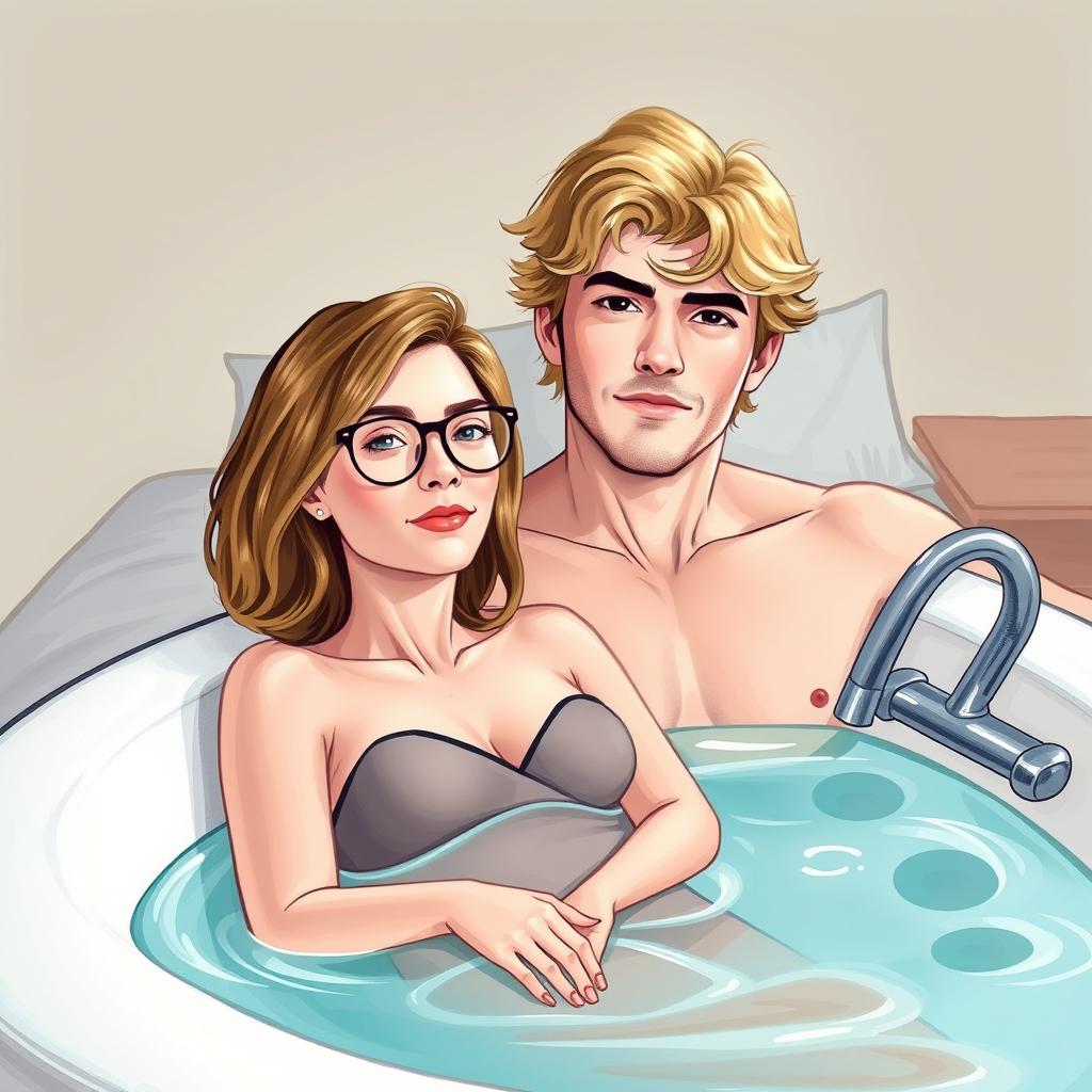 A 35-year-old woman with shoulder-length light brown hair, wearing round glasses, is lounging in a large, luxurious bathtub