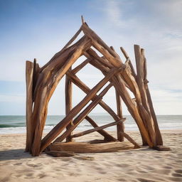 A captivating architectural structure crafted from a captivating mix of driftwood and durable Corten metal, majestically standing on an idyllic beach against the backdrop of the roaring ocean.