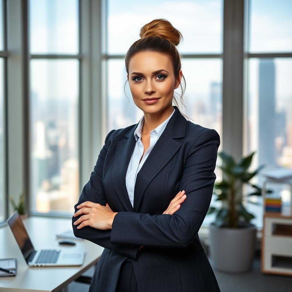 A confident woman in a business setting, standing with arms crossed in a modern office environment