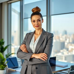 A confident woman in a business setting, standing with arms crossed in a modern office environment